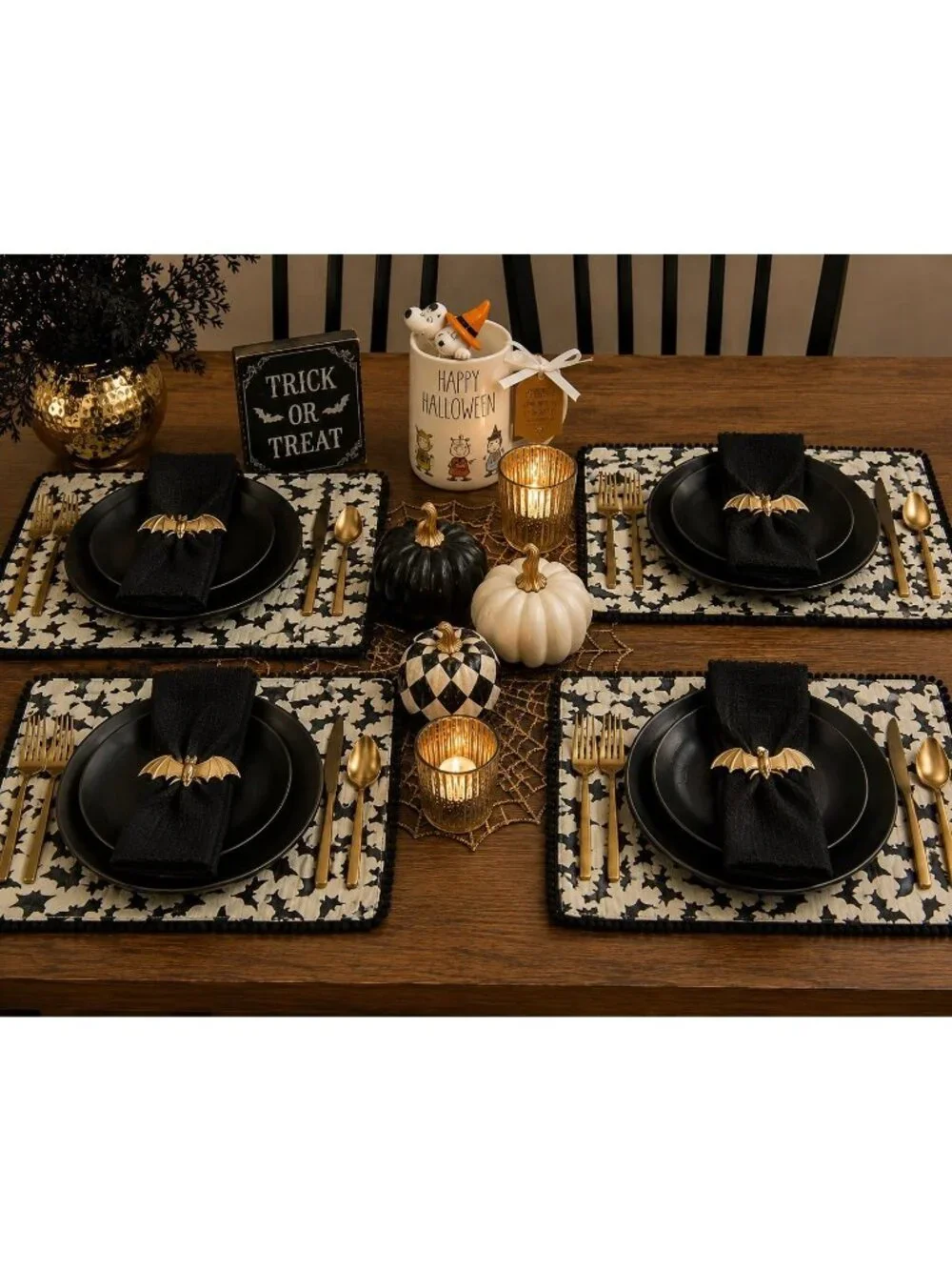 New Cynthia Rowley Halloween Bat Placemats Set of 4 Black Cream  13x19